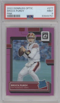 Brock Purdy from the 2022 Panini Donruss Optic set featuring a Pink parallel graded by PSA and given an overall grade of 9.