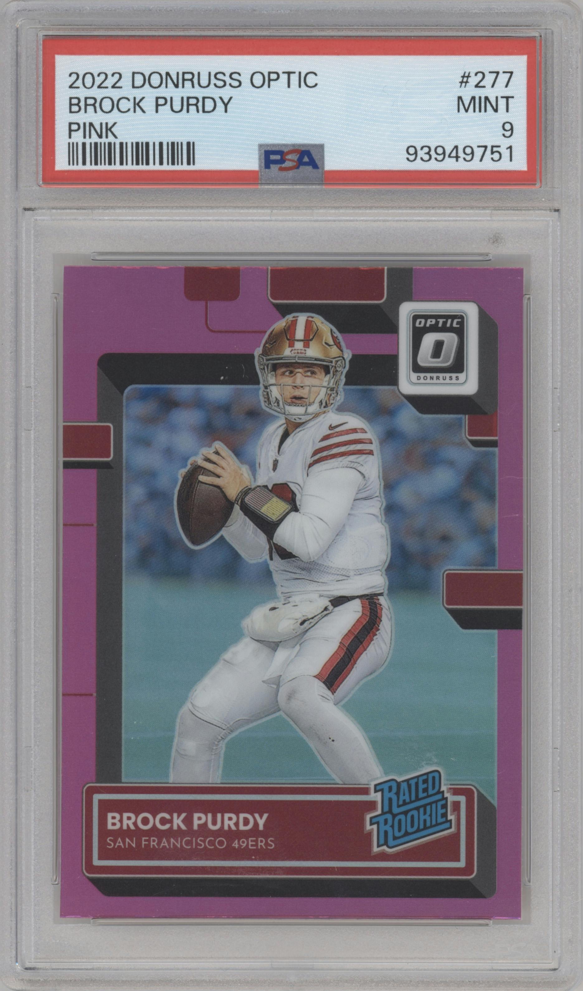 Brock Purdy from the 2022 Panini Donruss Optic set featuring a Pink parallel graded by PSA and given an overall grade of 9.