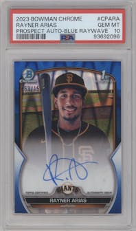 Rayner Arias from the 2023 Bowman Chrome set featuring a Blue RayWave parallel graded by PSA and given an overall grade of 10.