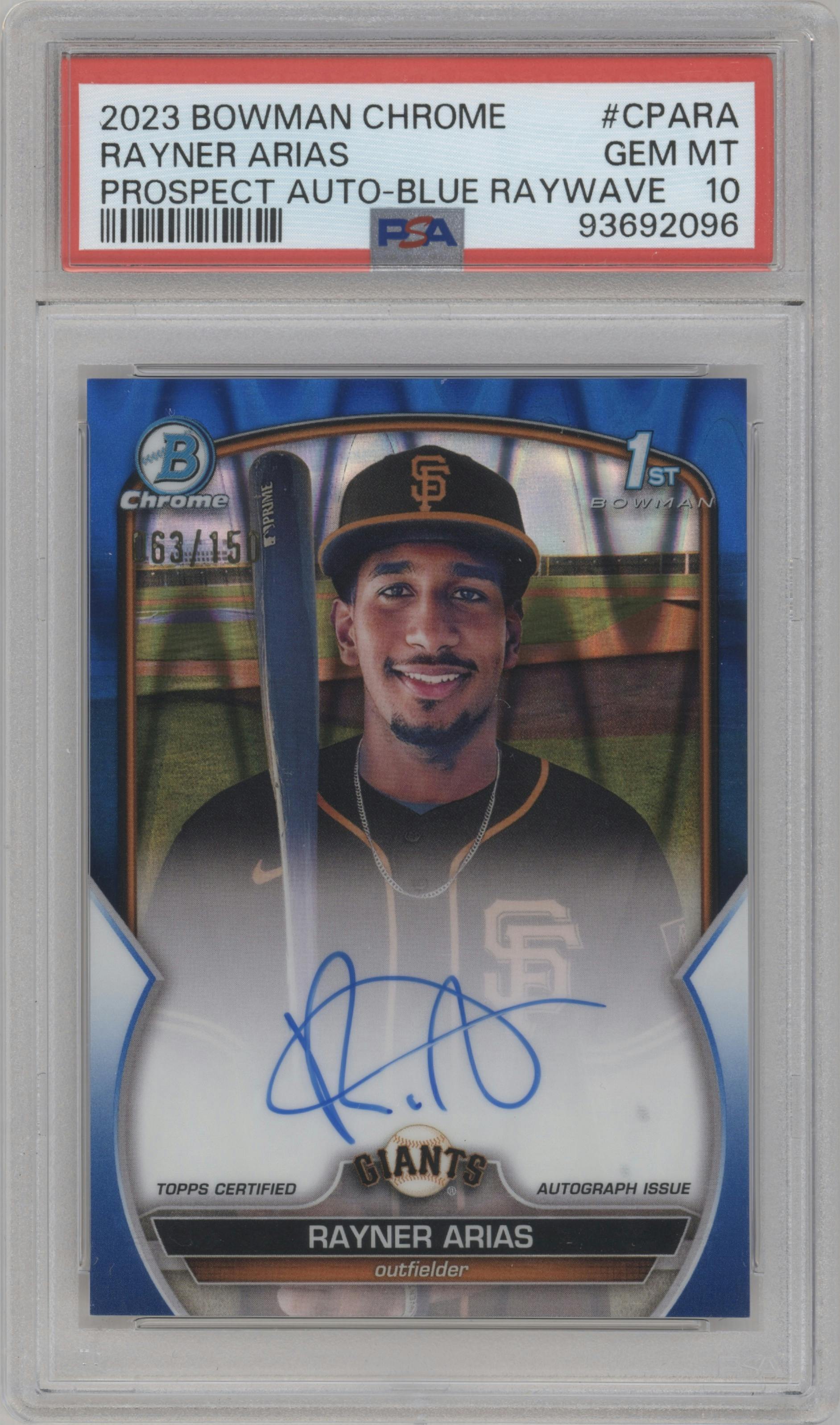 Rayner Arias from the 2023 Bowman Chrome set featuring a Blue RayWave parallel graded by PSA and given an overall grade of 10.