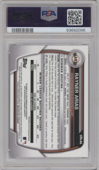 Rayner Arias from the 2023 Bowman Chrome set featuring a Blue RayWave parallel graded by PSA and given an overall grade of 10.