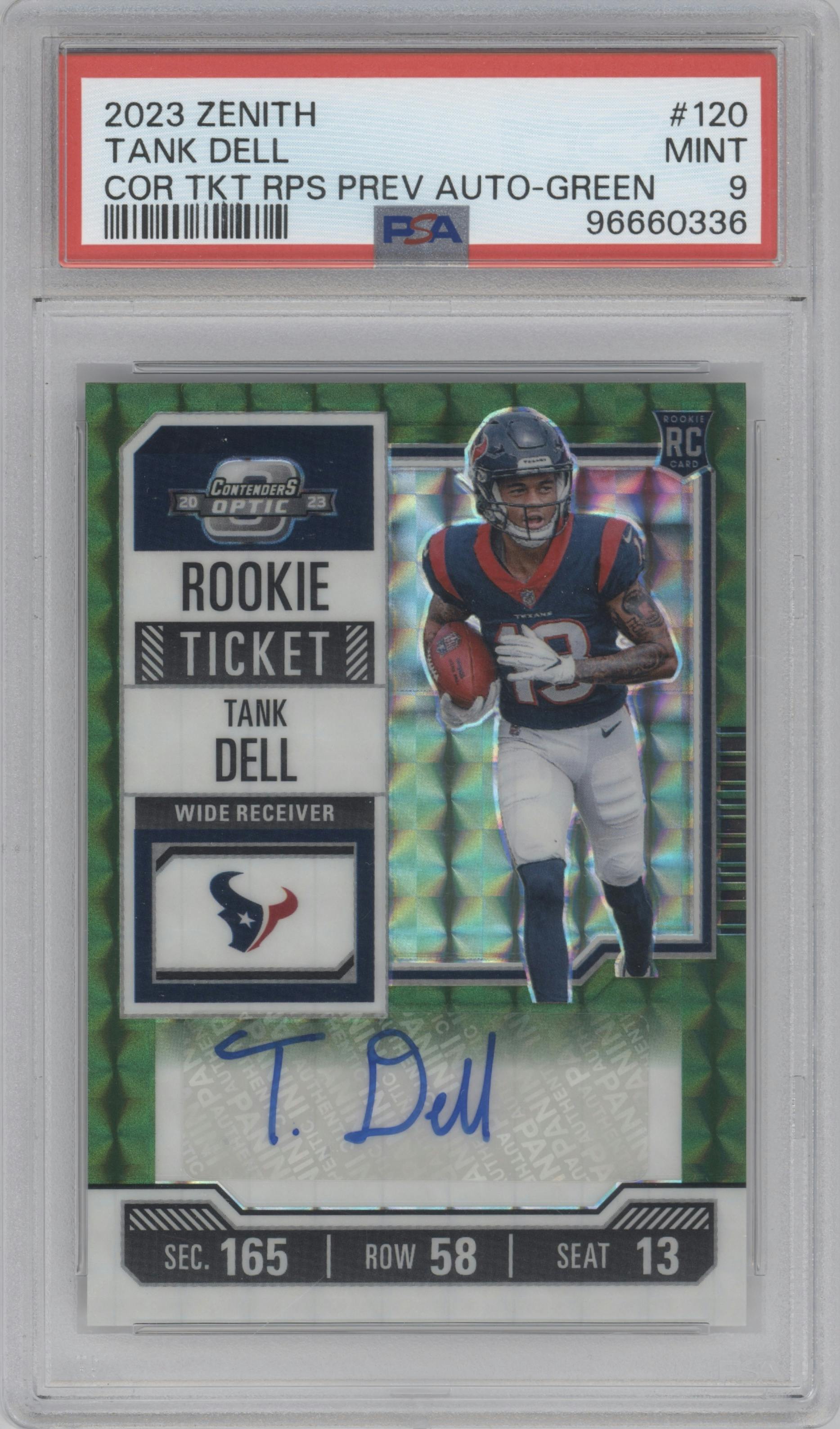 Tank Dell from the 2023 Panini Zenith set featuring a Green parallel graded by PSA and given an overall grade of 9.