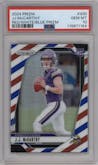 J.J. McCarthy from the 2024 Panini Prizm set featuring a Red/White/Blue Prizm parallel graded by PSA and given an overall grade of 10.