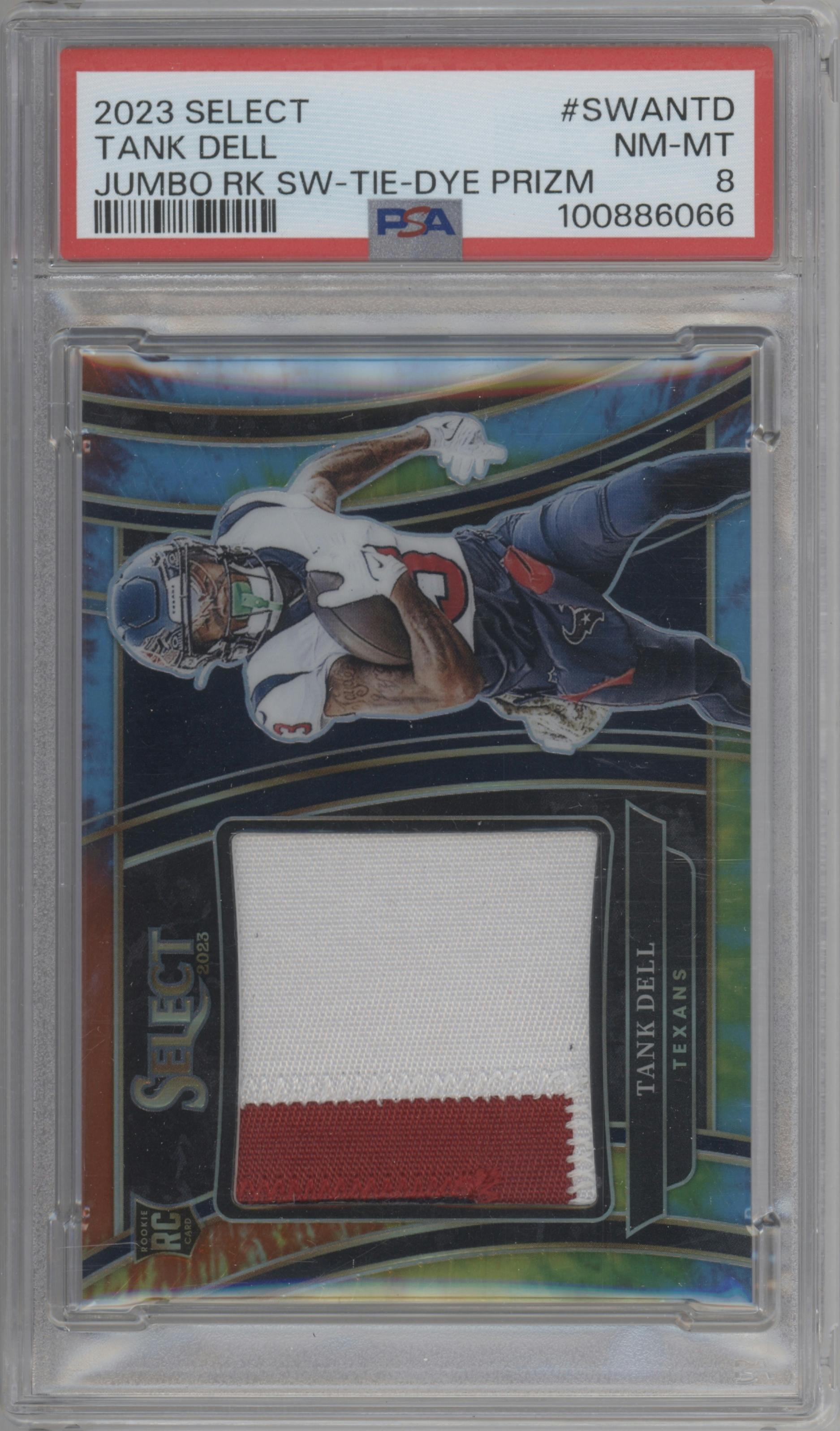 Tank Dell from the 2023 Panini Select set featuring a Tie-Dye Prizm parallel graded by PSA and given an overall grade of 8.