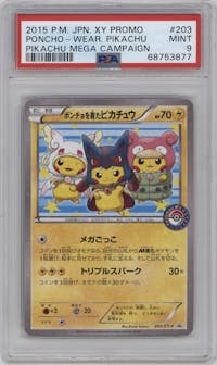 Poncho-clad Pikachu from the 2015 Pokemon XY JPN set featuring a Pokemon Center Pikachu Mega Campaign parallel graded by PSA and given an overall grade of 9.