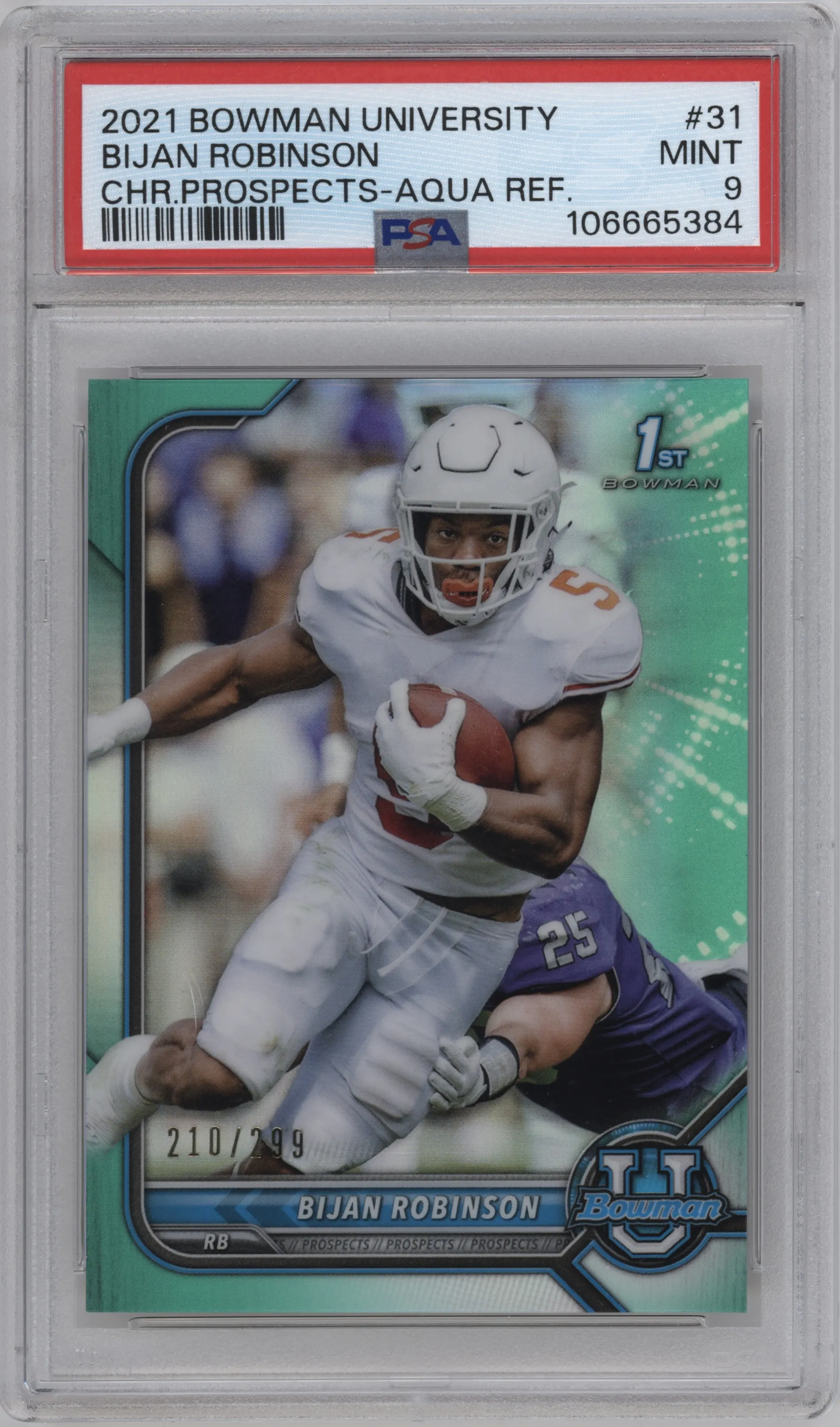 2021 Bowman University Bijan Robinson Aqua Refractor #31 PSA 9