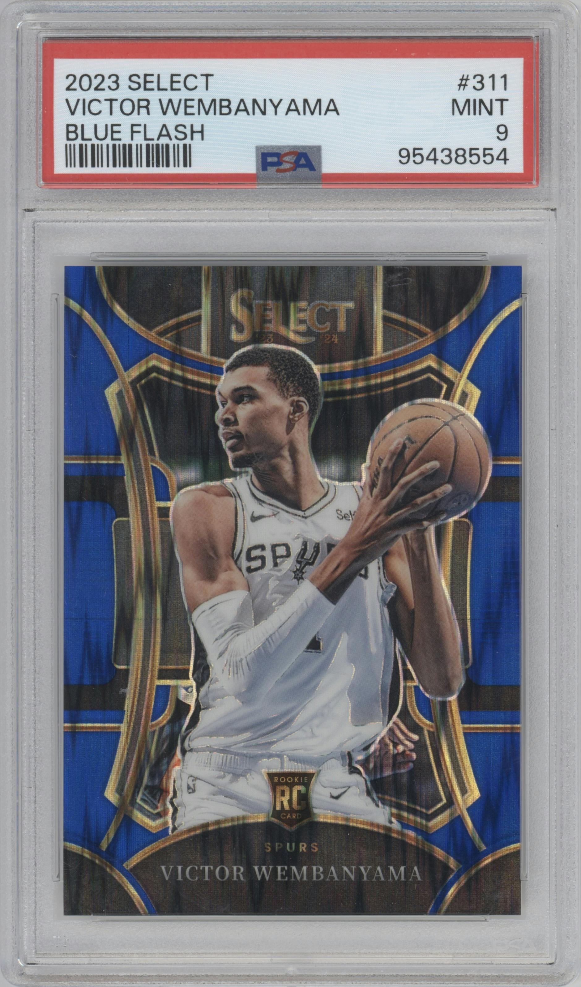 Victor Wembanyama from the 2023-24 Panini Select  set featuring a Blue Flash parallel graded by PSA and given an overall grade of 9.