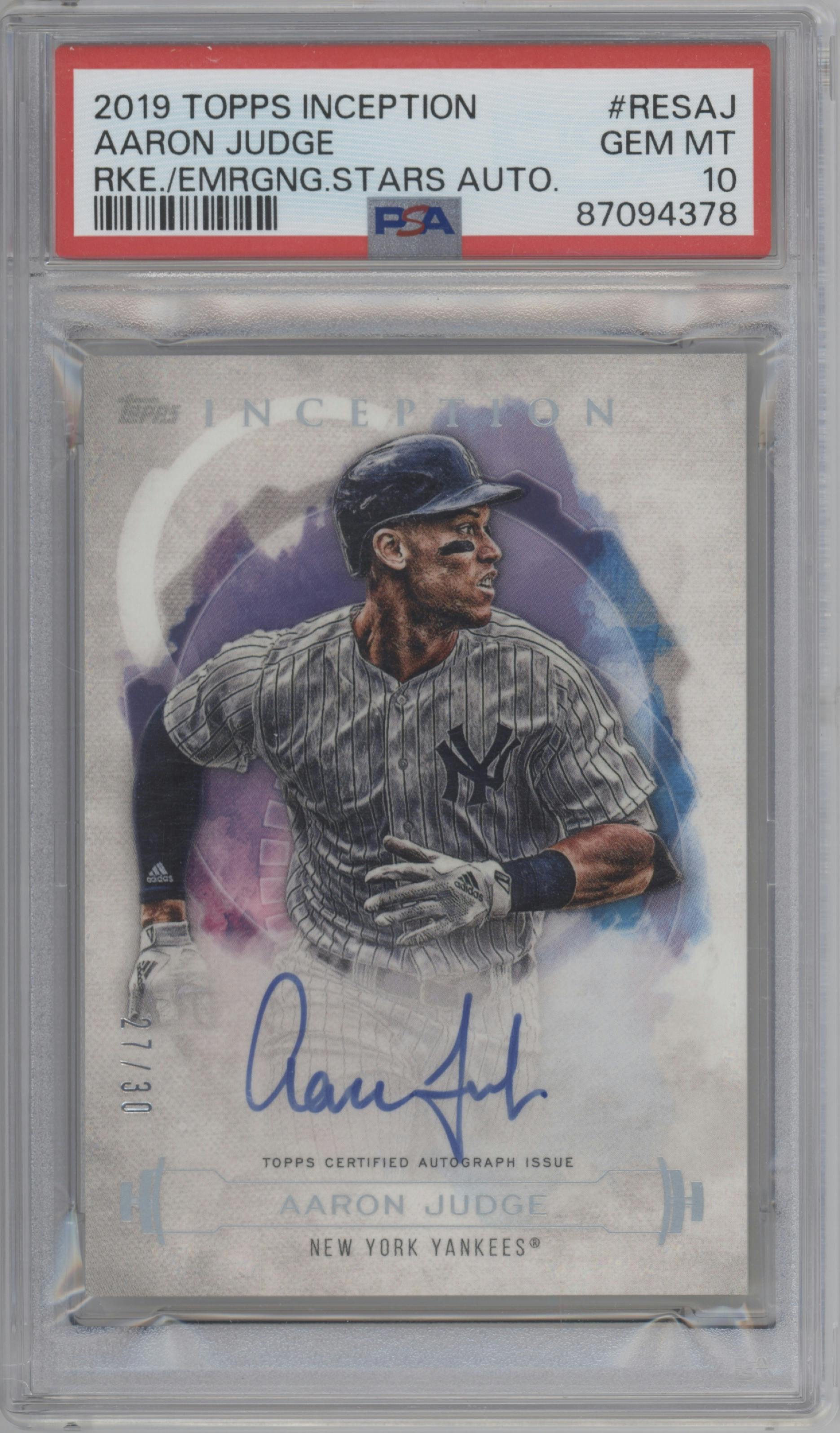 Aaron Judge from the 2019 Topps Inception set graded by PSA and given an overall grade of 10.