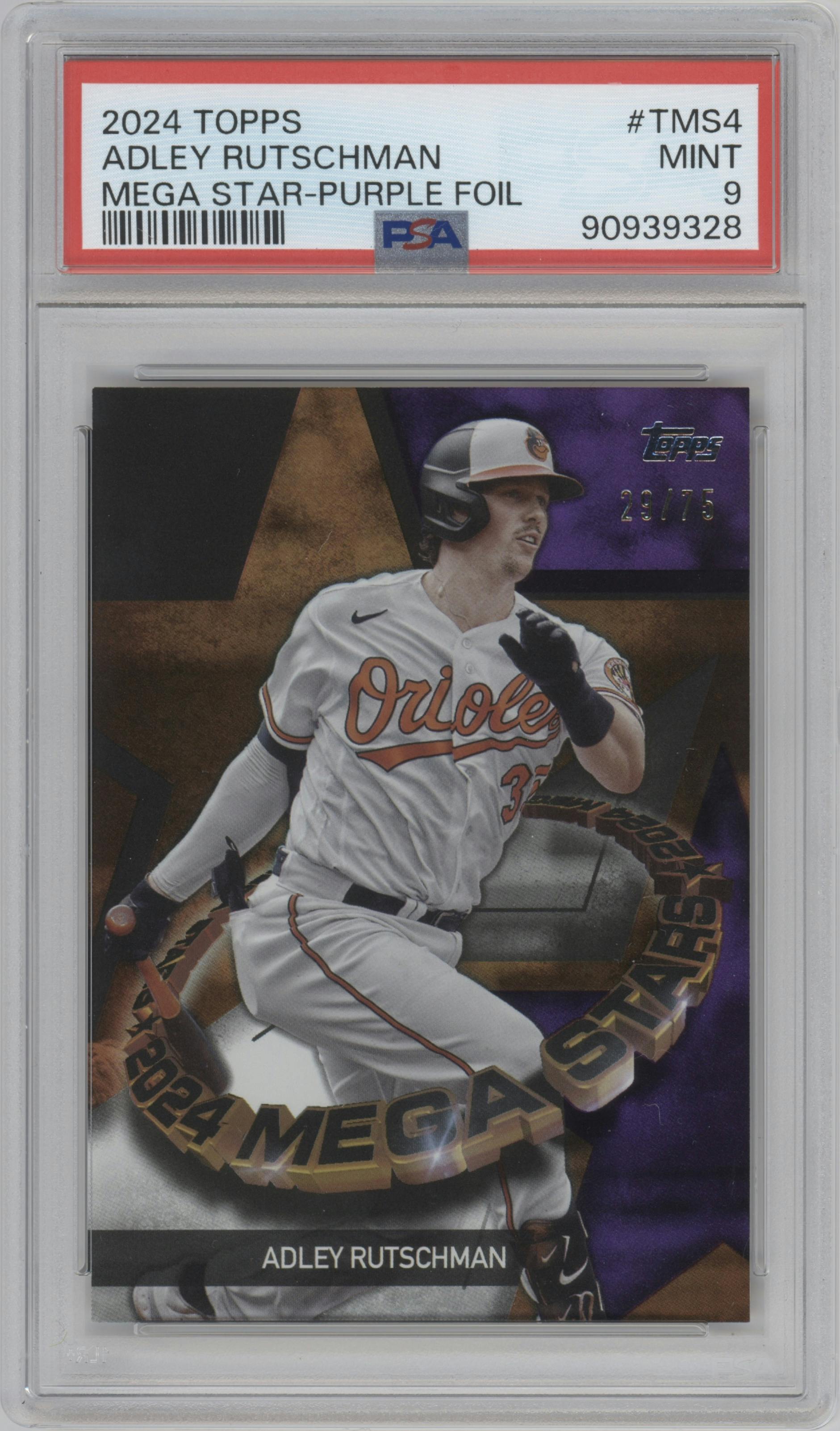 Adley Rutschman from the 2024 Topps  set featuring a Purple Foil parallel graded by PSA and given an overall grade of 9.