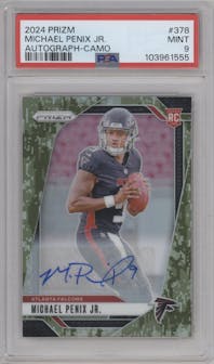 Michael Penix Jr. from the 2024 Panini Prizm set featuring a Camo parallel graded by PSA and given an overall grade of 9.