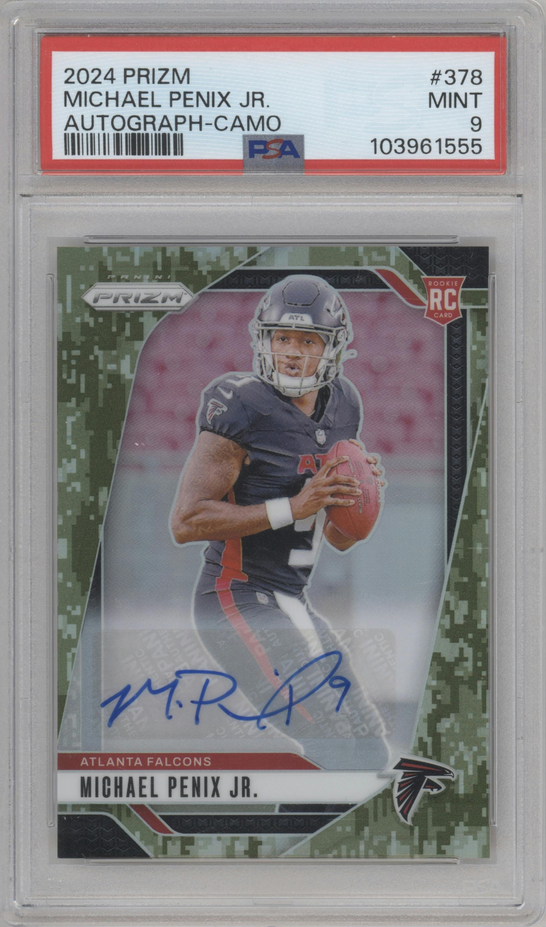 Michael Penix Jr. from the 2024 Panini Prizm set featuring a Camo parallel graded by PSA and given an overall grade of 9.