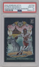 Patrick Mahomes II from the 2022 Panini Donruss Optic set featuring a Black Pandora parallel graded by PSA and given an overall grade of 10.