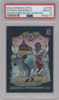 Patrick Mahomes II from the 2022 Panini Donruss Optic set featuring a Black Pandora parallel graded by PSA and given an overall grade of 10.