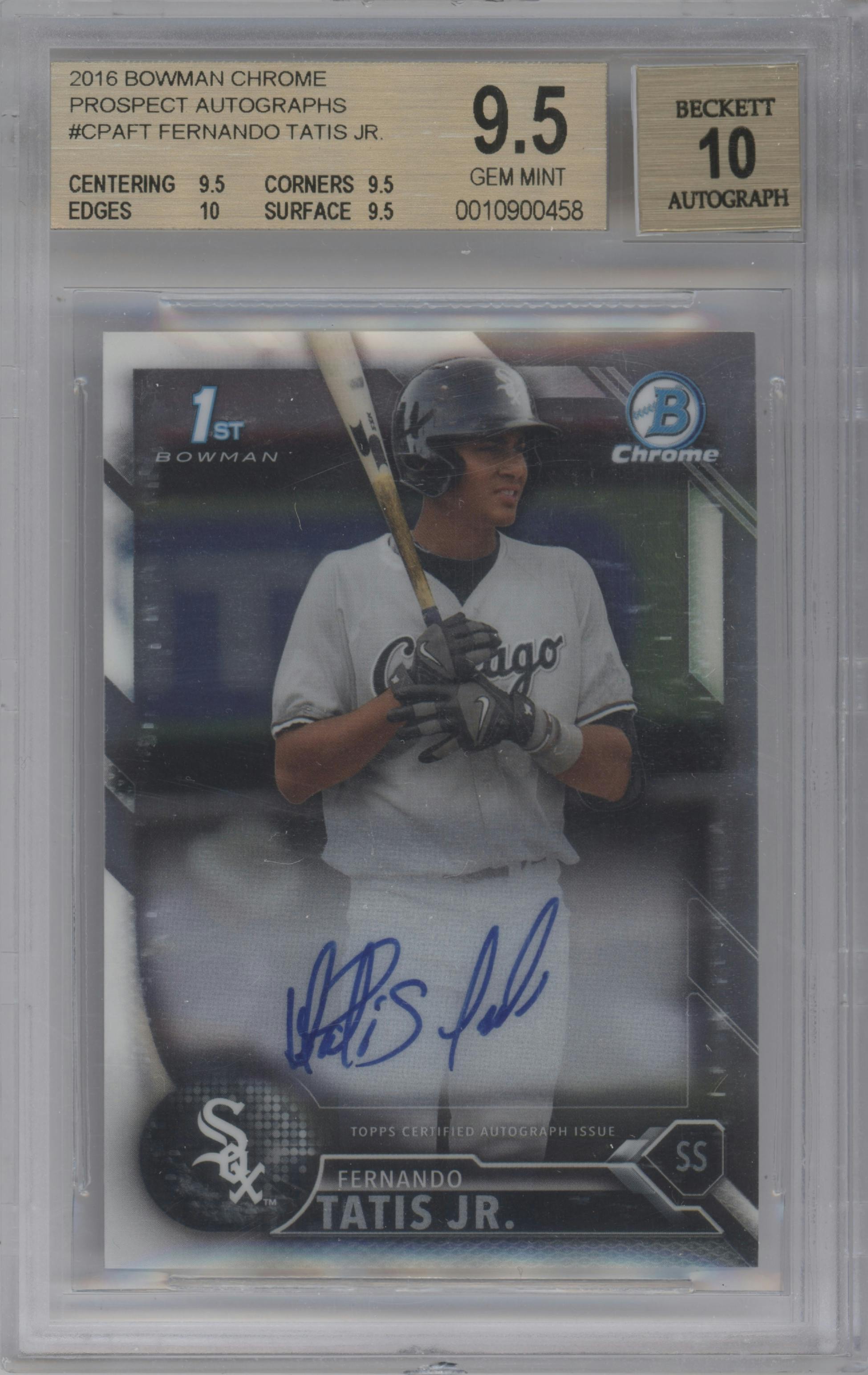 Fernando Tatis Jr. from the 2016 Bowman Chrome set graded by Beckett and given an overall grade of 9.5.