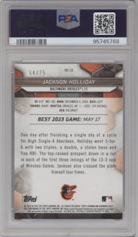 Jackson Holliday from the 2023 Bowman's Best set featuring a Gold Lava Refractor parallel graded by PSA and given an overall grade of 9.