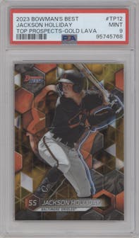 Jackson Holliday from the 2023 Bowman's Best set featuring a Gold Lava Refractor parallel graded by PSA and given an overall grade of 9.