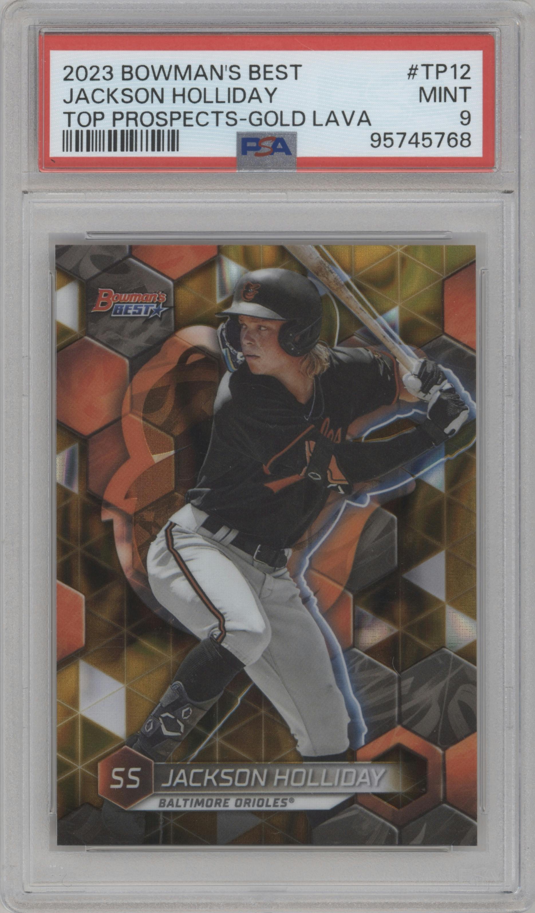 Jackson Holliday from the 2023 Bowman's Best set featuring a Gold Lava Refractor parallel graded by PSA and given an overall grade of 9.