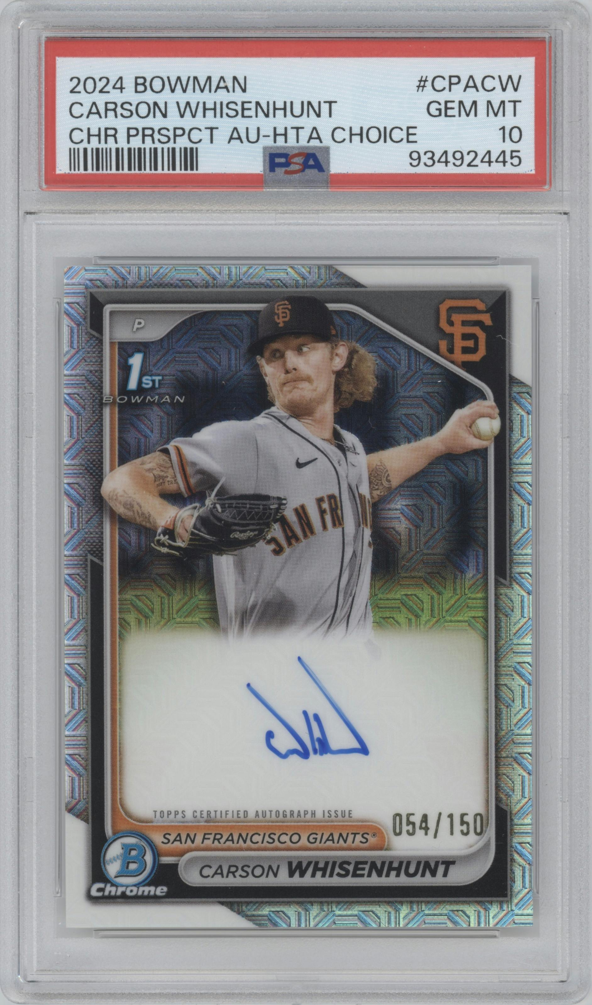 Carson Whisenhunt from the 2024 Bowman set featuring a HTA Choice parallel graded by PSA and given an overall grade of 10.