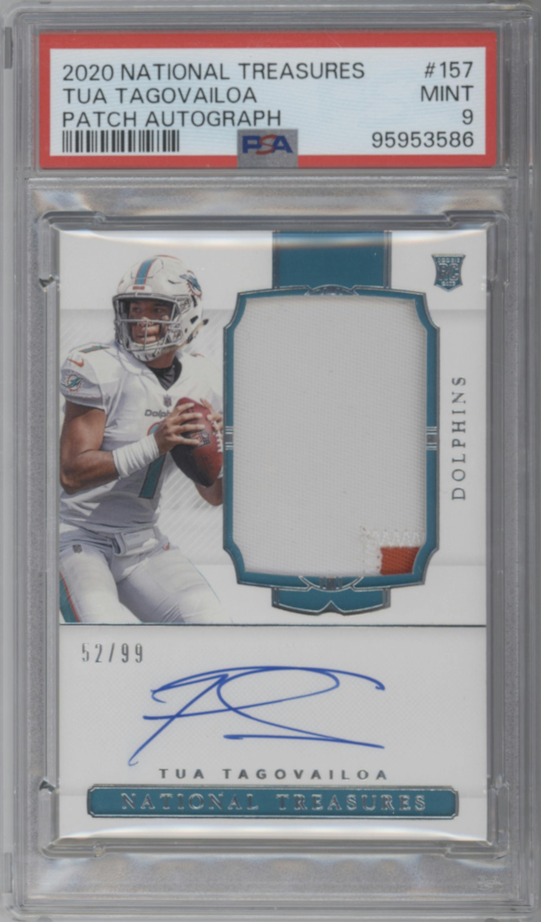 Tua Tagovailoa from the 2020 Panini National Treasures set graded by PSA and given an overall grade of 9.