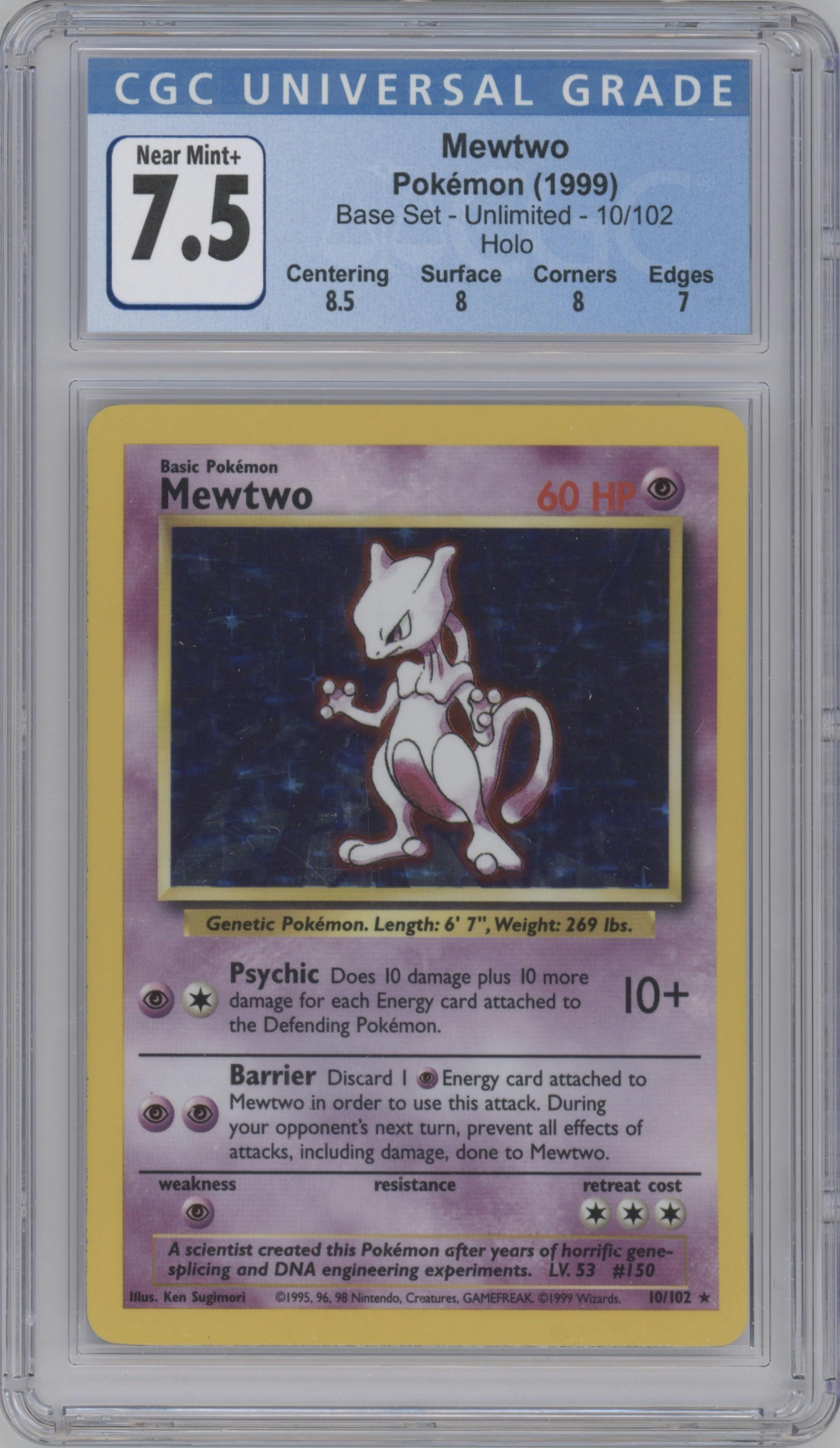 Mewtwo from the 1999 Pokemon set graded by CSG and given an overall grade of 7.5.