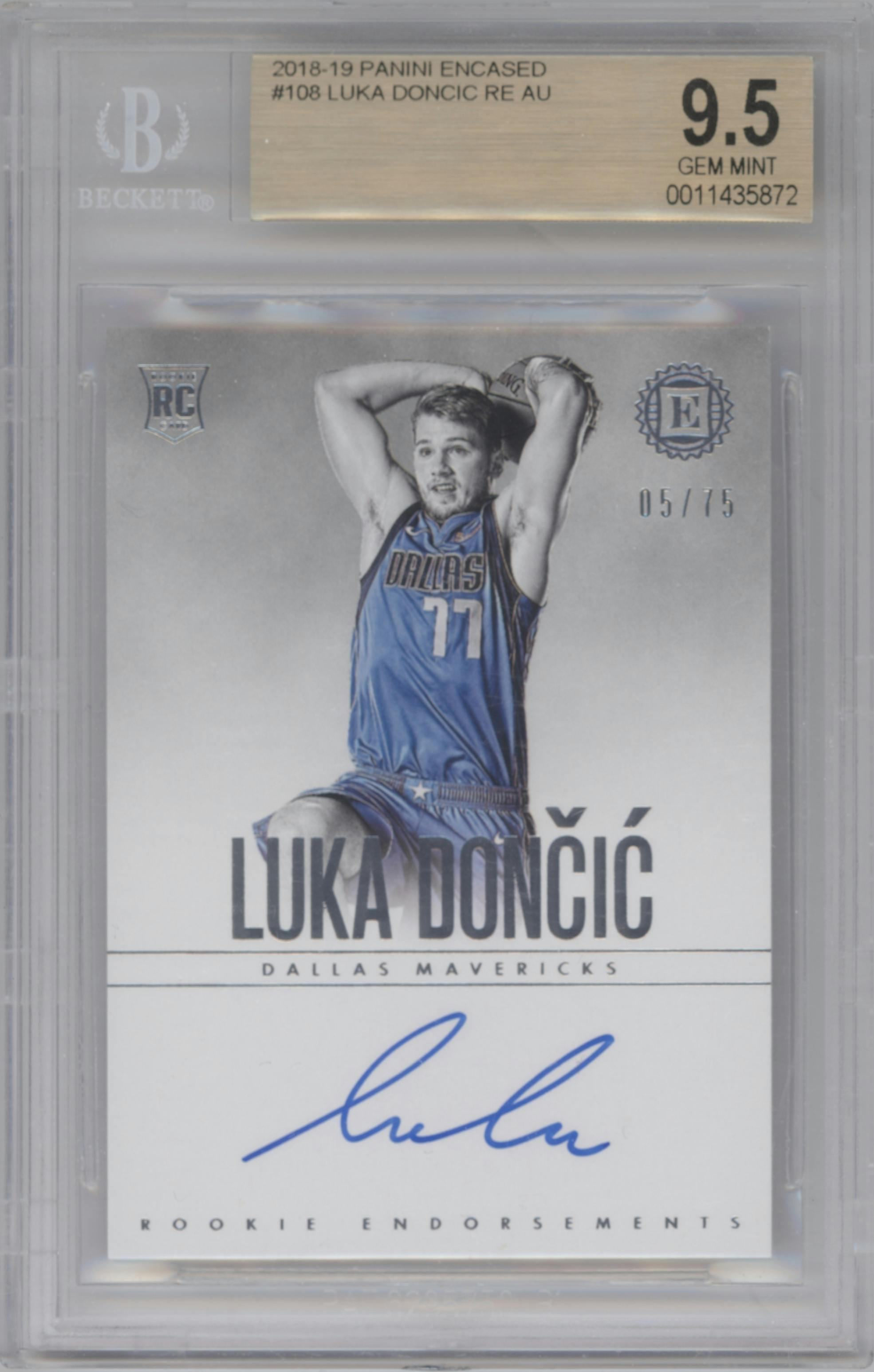 Luka Doncic from the 2018-19 Panini Encased set graded by Beckett and given an overall grade of 9.5.