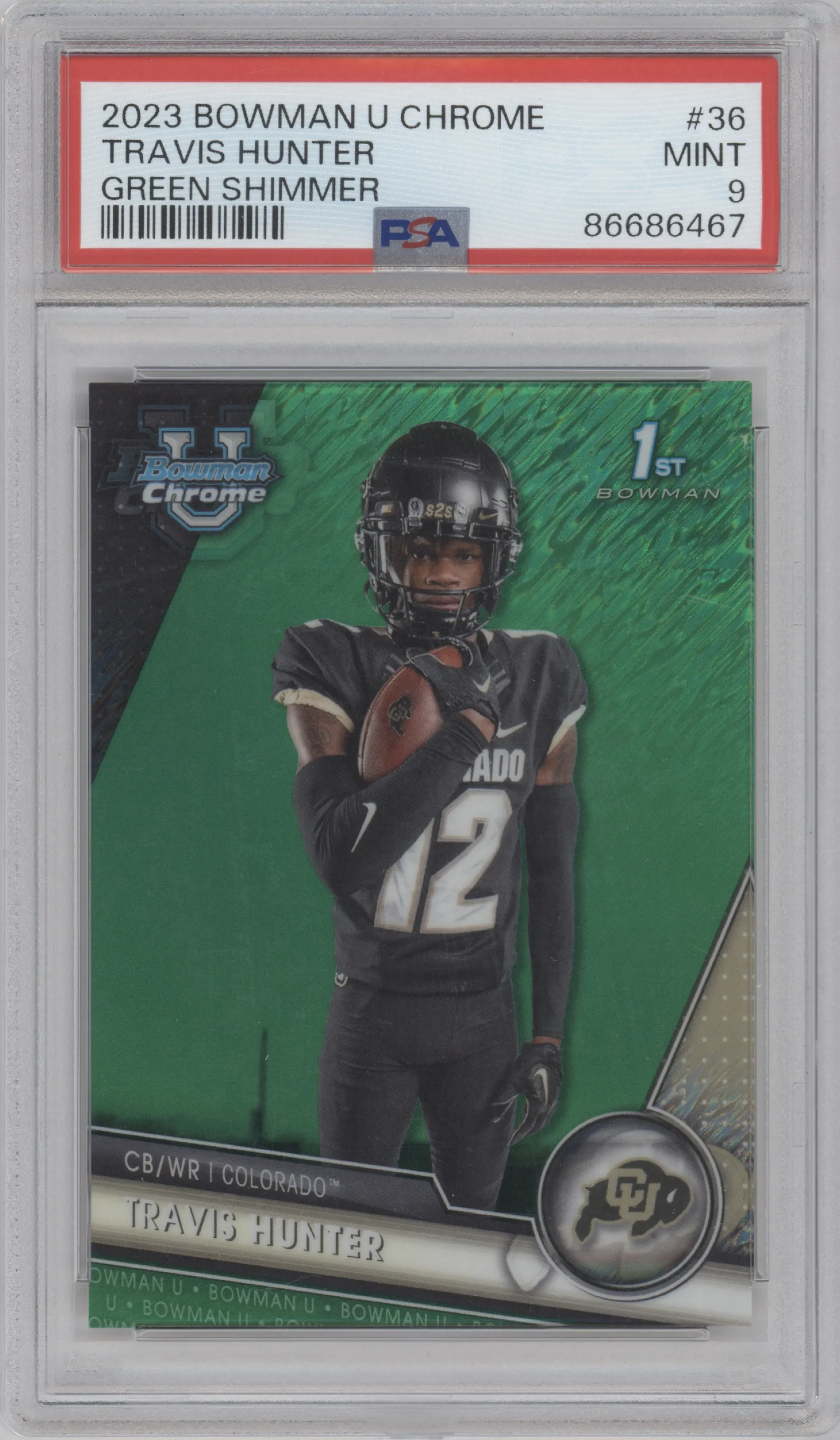 2023 Bowman Chrome University Travis Hunter Green Shimmer #36 PSA 9