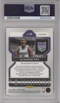 De'Aaron Fox from the 2021-22 Panini Prizm  set featuring a White Sparkle parallel graded by PSA and given an overall grade of 10.