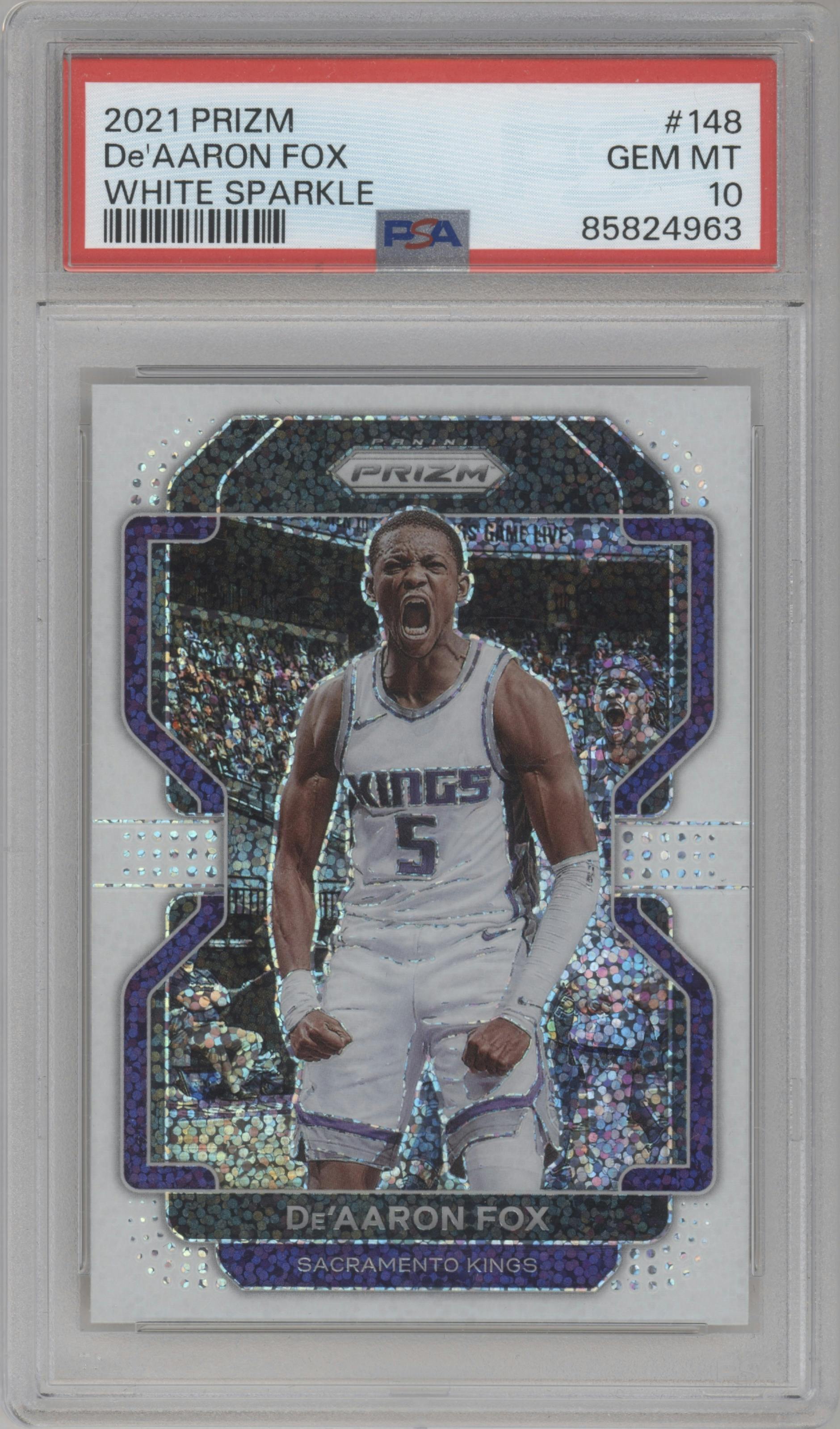 De'Aaron Fox from the 2021-22 Panini Prizm  set featuring a White Sparkle parallel graded by PSA and given an overall grade of 10.