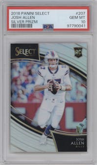 Josh Allen from the 2018 Panini Select set featuring a Silver Prizm parallel graded by PSA and given an overall grade of 10.