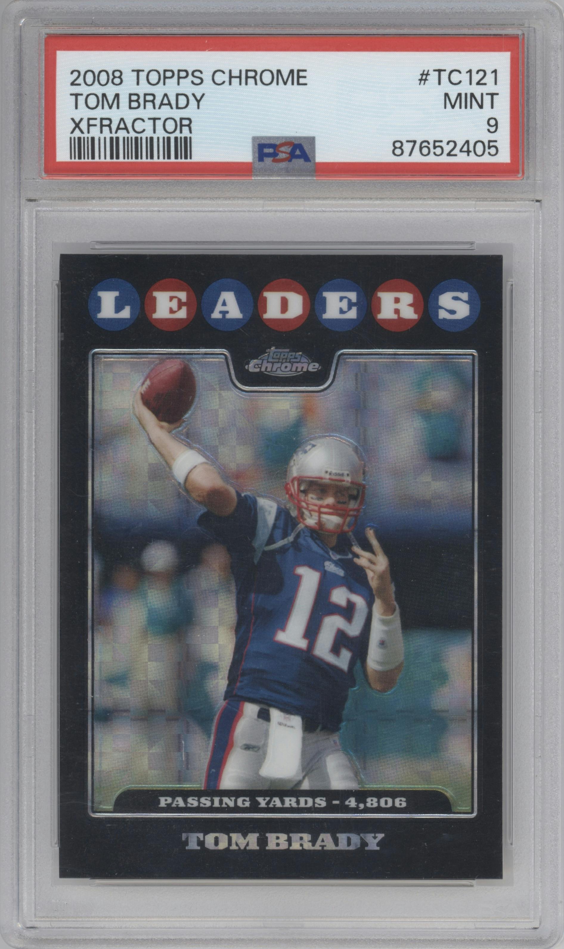 Tom Brady from the 2008 Topps Chrome set featuring a Xfractor parallel graded by PSA and given an overall grade of 9.