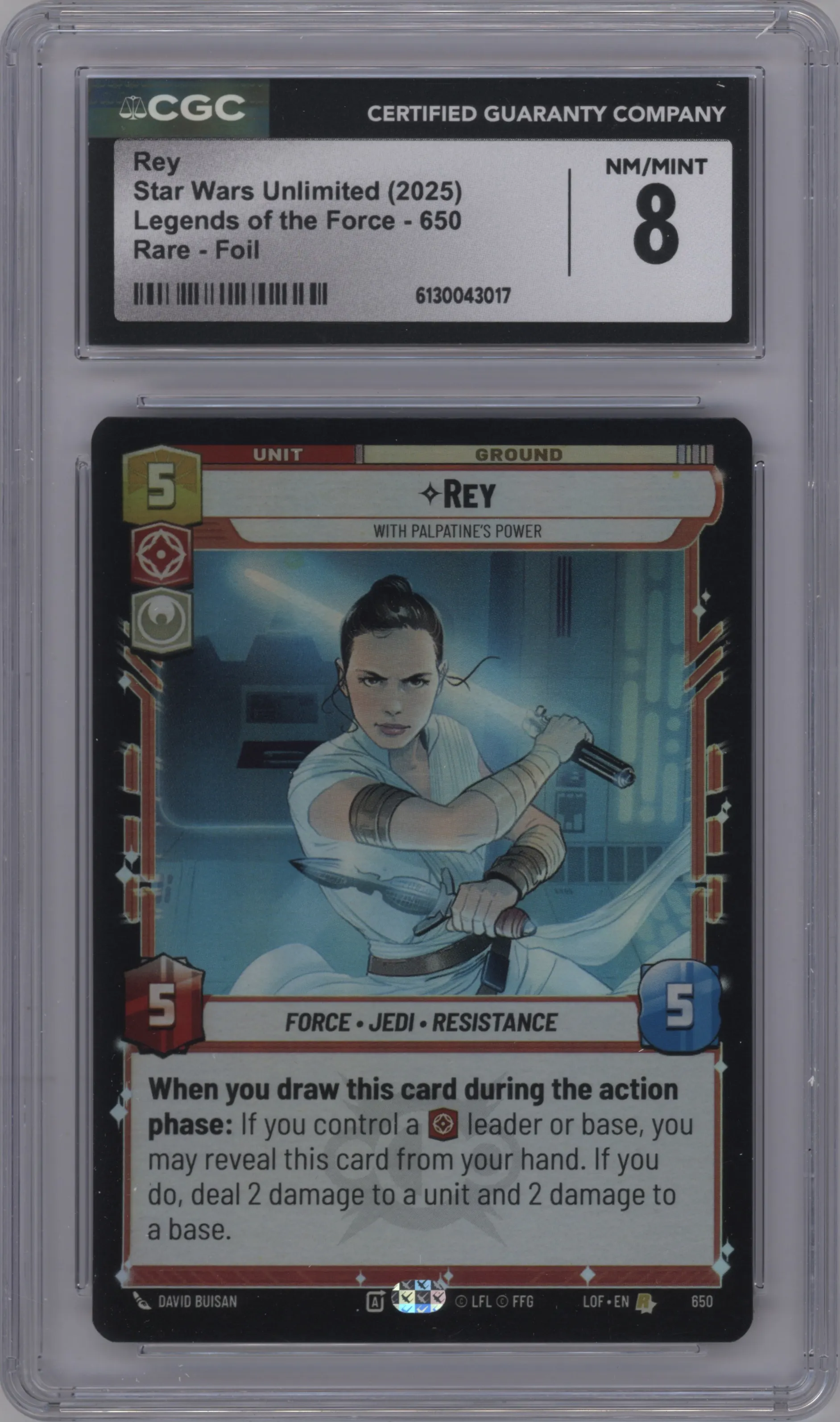 2025 Star Wars: Unlimited Legends of the Force Rey Foil CGC 8