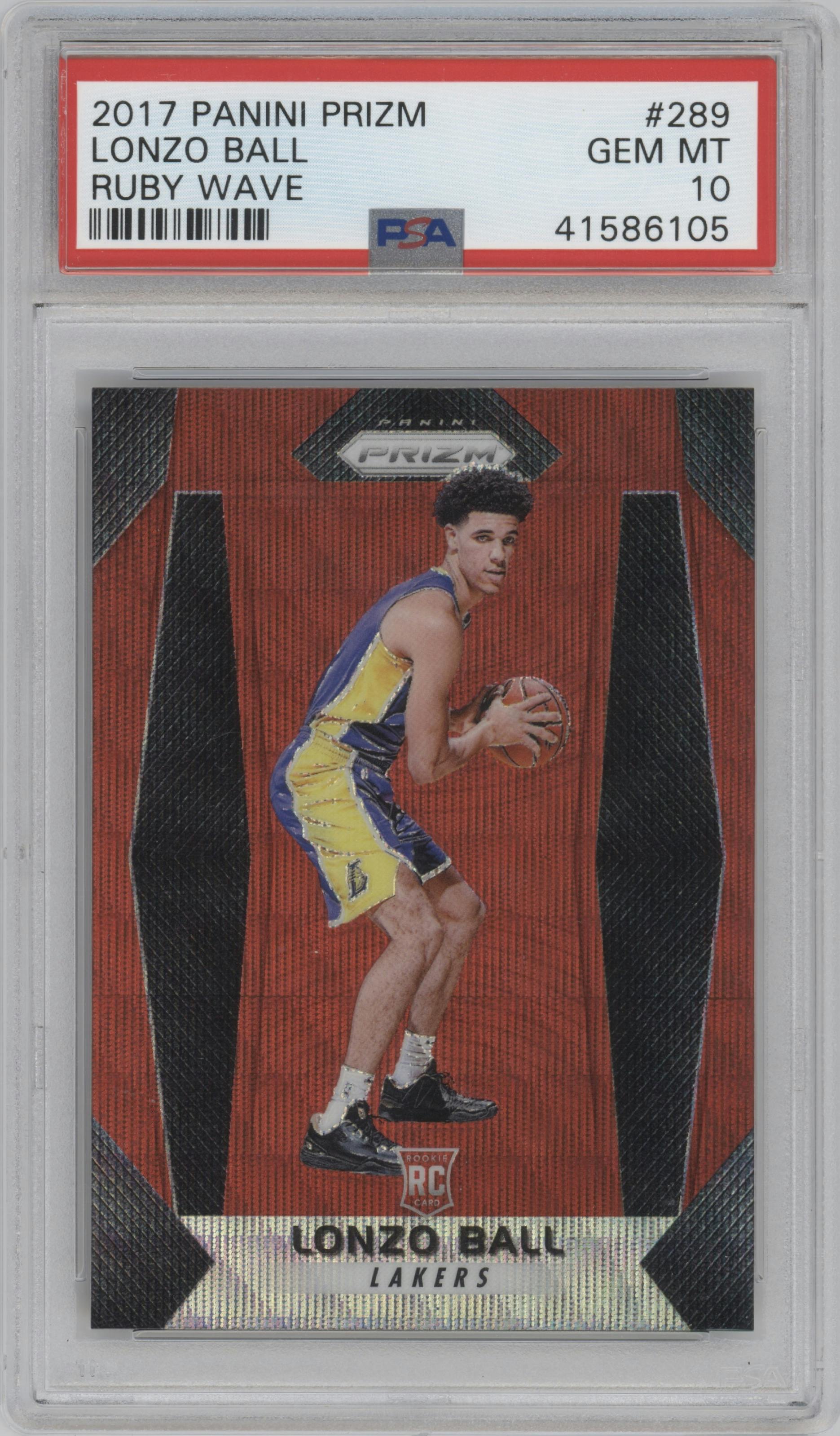 Lonzo Ball from the 2017-18 Panini Prizm  set featuring a Ruby Wave parallel graded by PSA and given an overall grade of 10.
