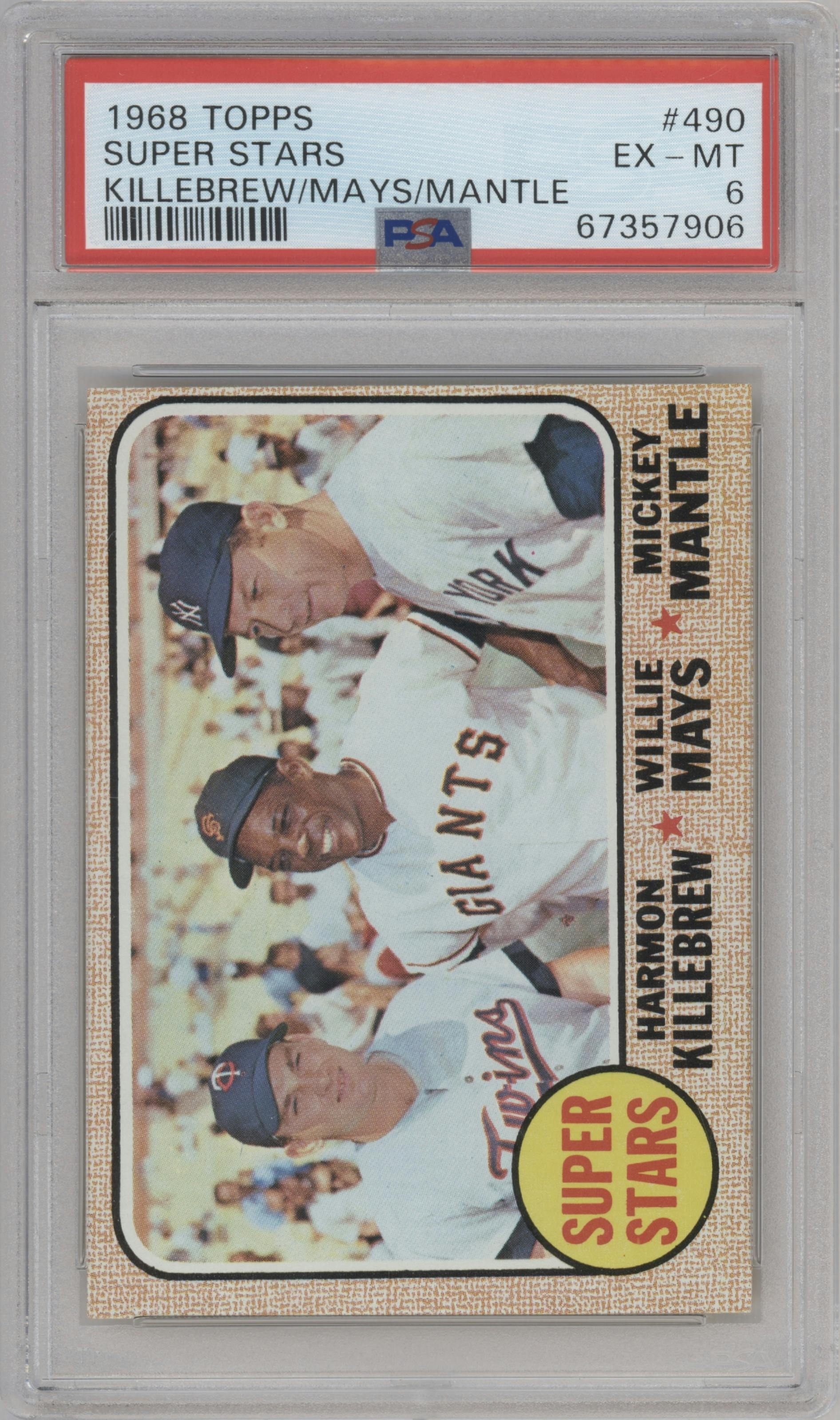 Harmon Killebrew/Willie Mays/Mickey Mantle from the 1968 Topps set graded by PSA and given an overall grade of 6.