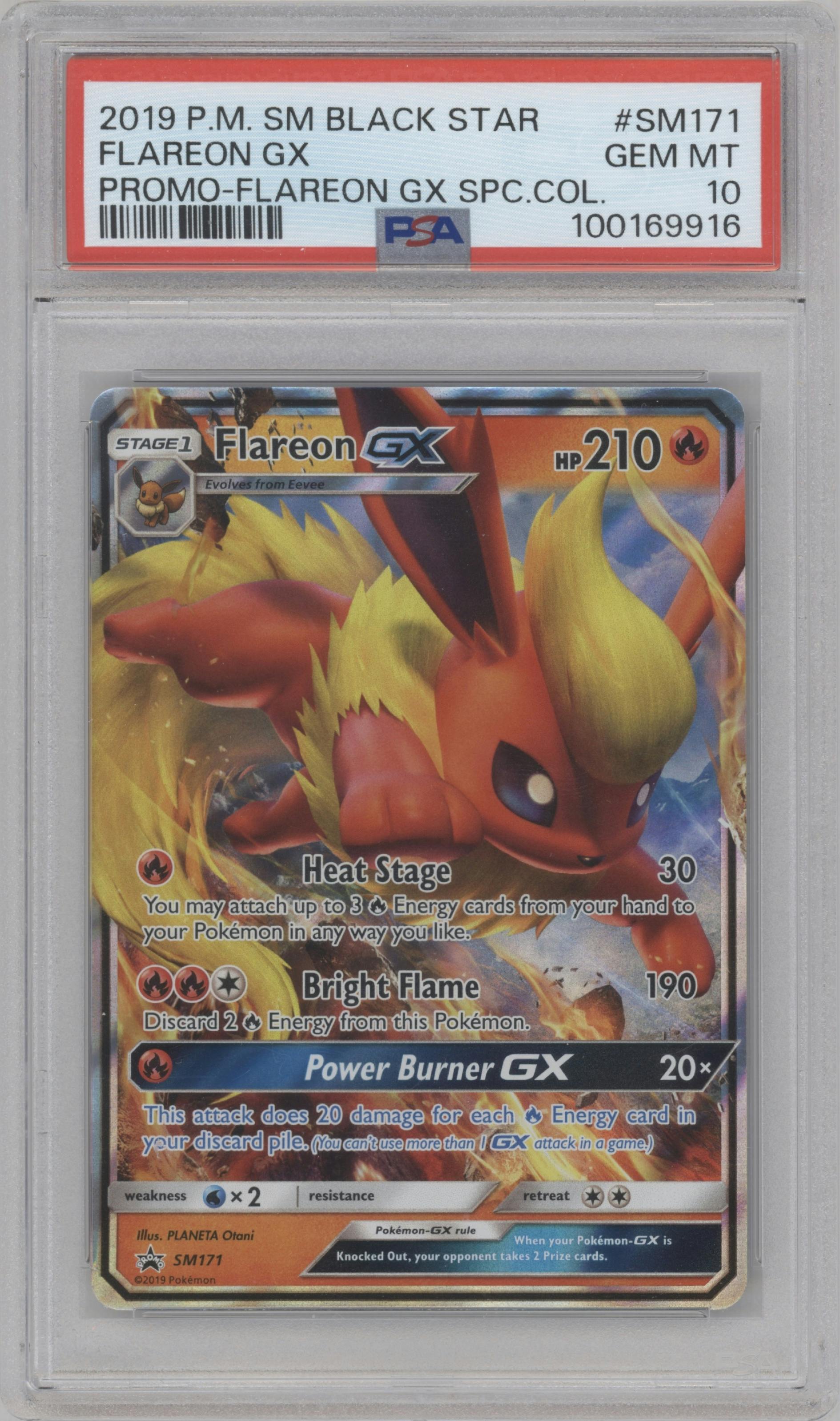 Flareon GX from the 2019 Pokemon S&M  set featuring a Flareon GX Special Collection parallel graded by PSA and given an overall grade of 10.