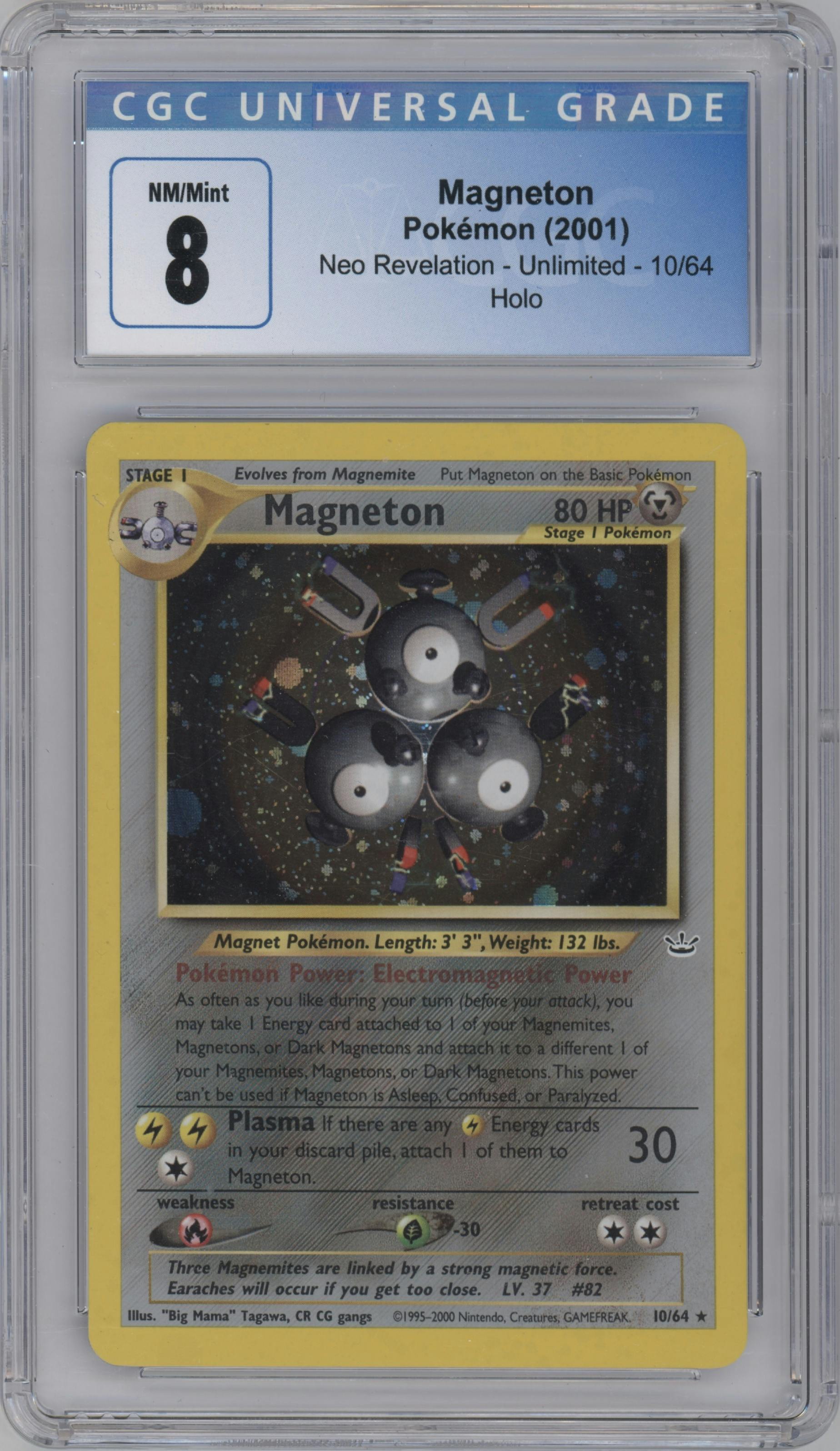 Magneton from the 2001 Pokemon Neo Genesis set graded by CSG and given an overall grade of 8.