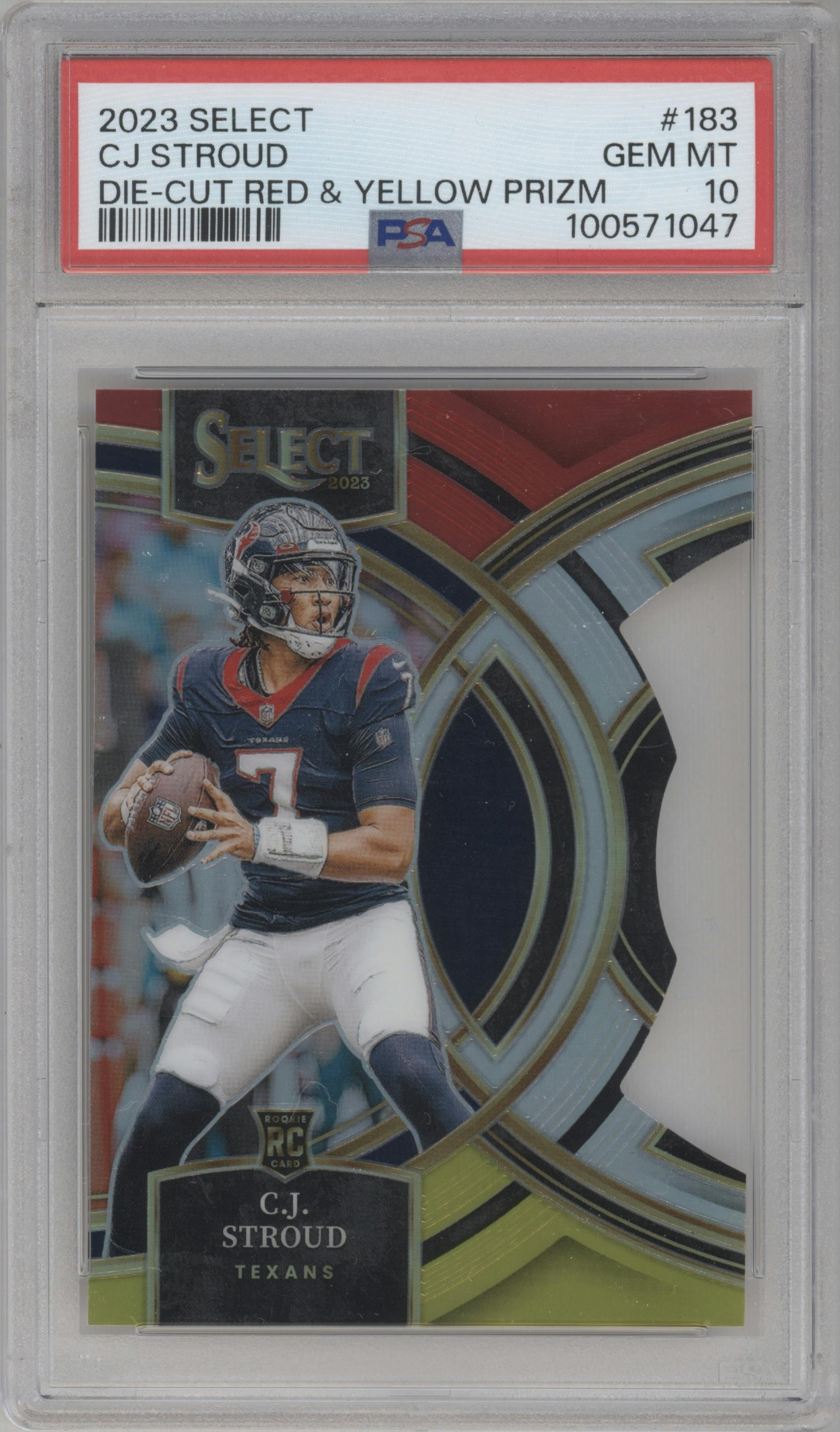 C.J. Stroud from the 2023 Panini Select set featuring a Die Cut Red and Yellow Prizm parallel graded by PSA and given an overall grade of 10.