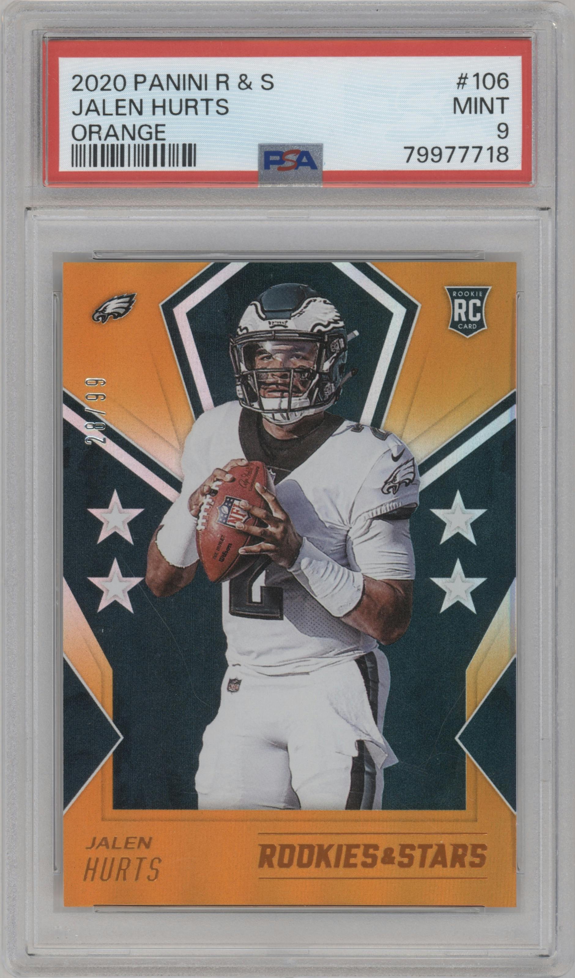 Jalen Hurts from the 2020 Panini Rookies & Stars set featuring a Orange parallel graded by PSA and given an overall grade of 9.