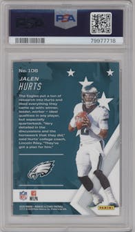Jalen Hurts from the 2020 Panini Rookies & Stars set featuring a Orange parallel graded by PSA and given an overall grade of 9.