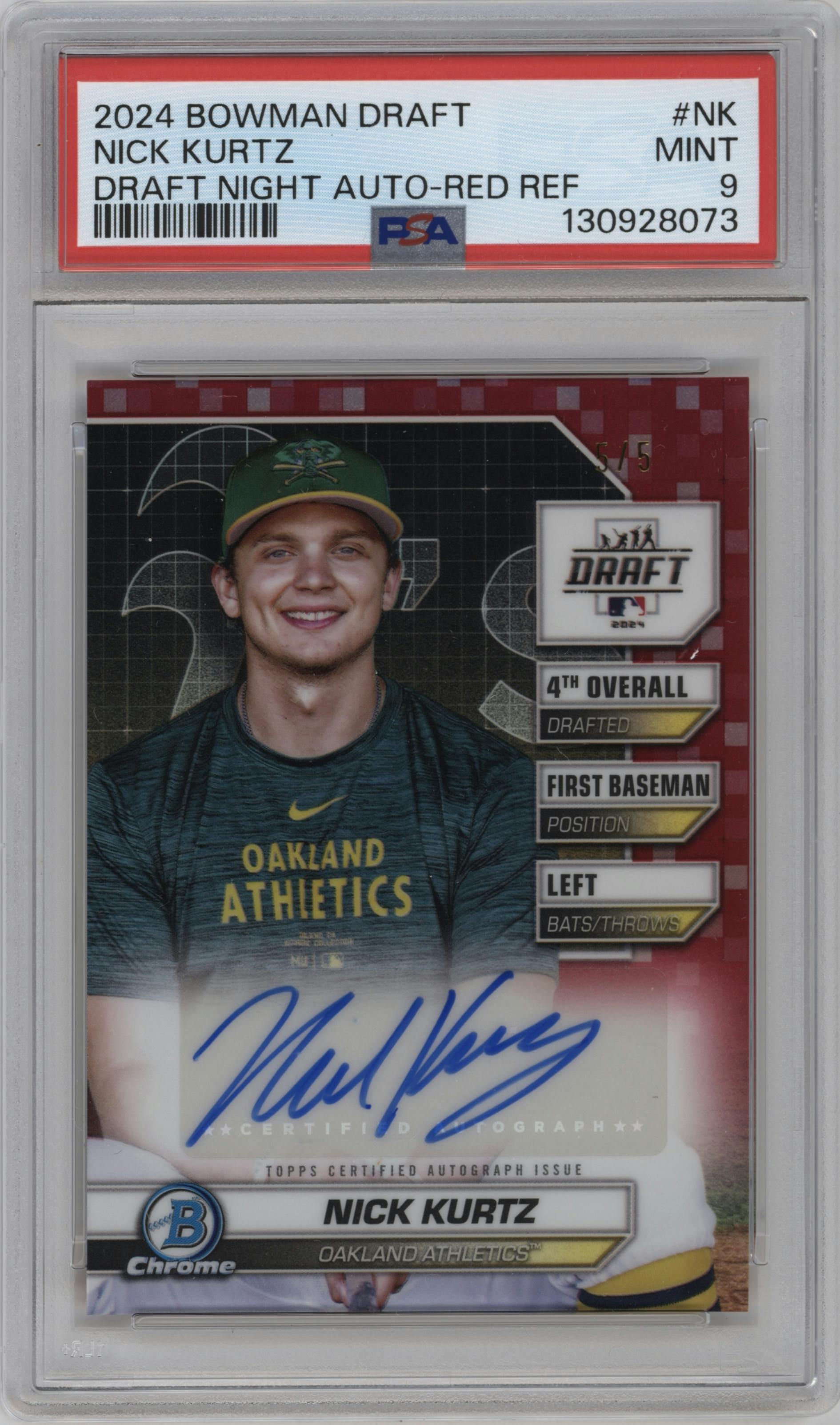 Nick Kurtz from the 2024 Bowman Draft set featuring a Red Refractor parallel graded by PSA and given an overall grade of 9.