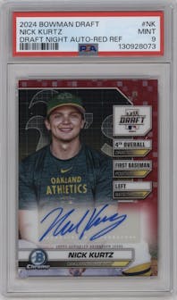 Nick Kurtz from the 2024 Bowman Draft set featuring a Red Refractor parallel graded by PSA and given an overall grade of 9.