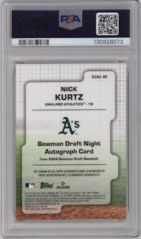 Nick Kurtz from the 2024 Bowman Draft set featuring a Red Refractor parallel graded by PSA and given an overall grade of 9.