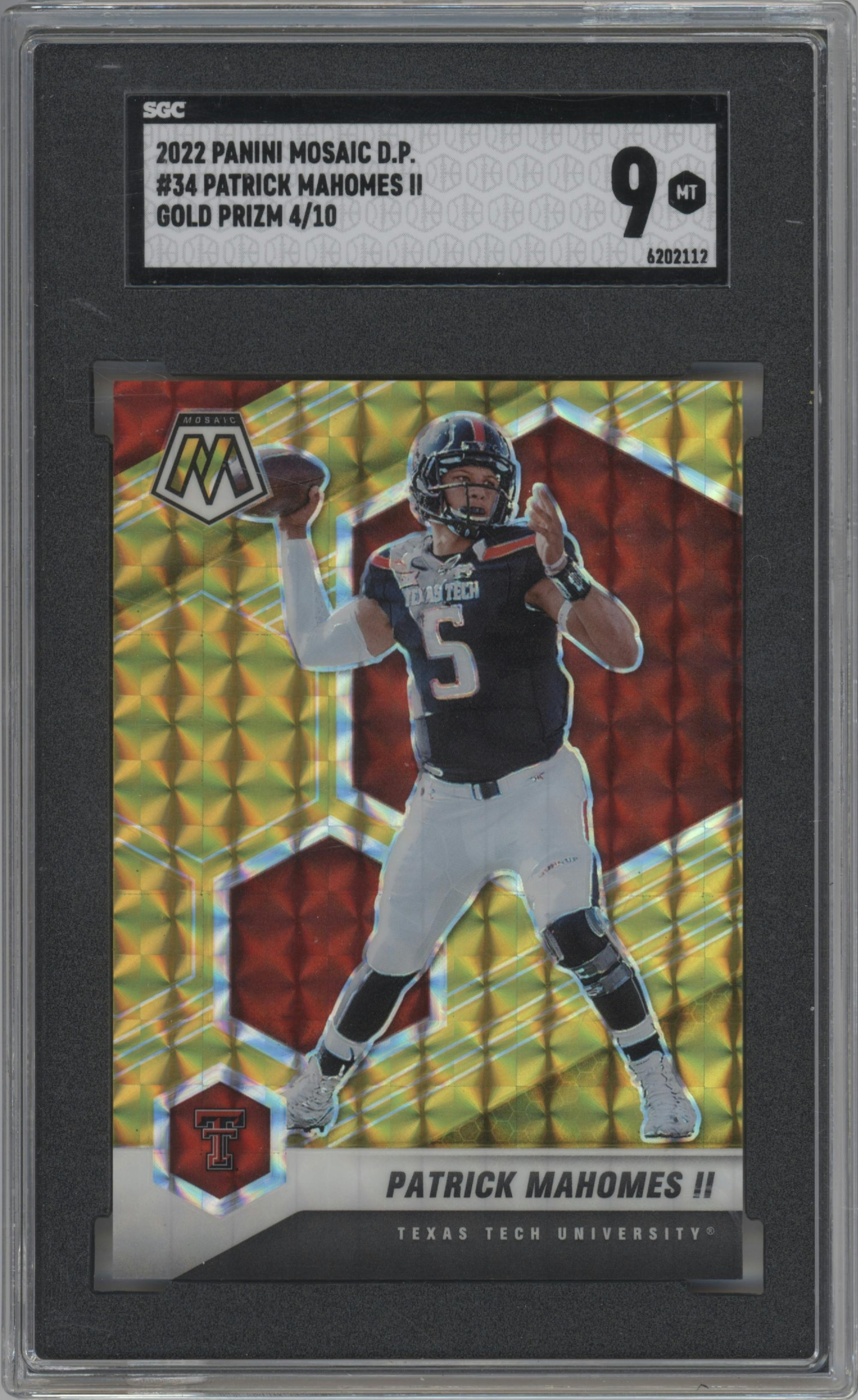 Patrick Mahomes II from the 2022 Panini Mosaic Draft Picks set featuring a Gold Mosaic  parallel graded by SGC and given an overall grade of 9.
