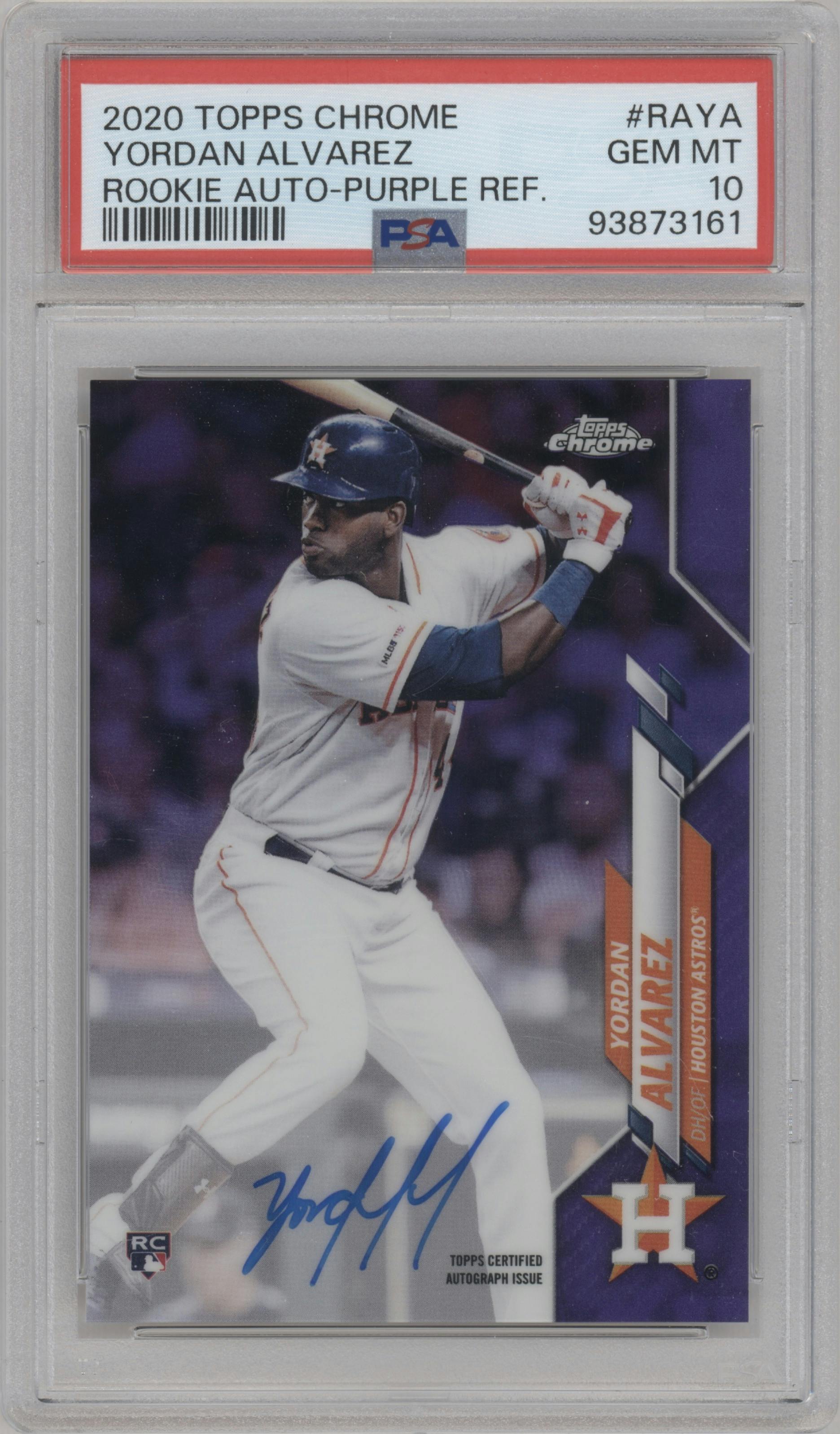 Yordan Alvarez from the 2020 Topps Chrome set featuring a Purple Refractor parallel graded by PSA and given an overall grade of 10.