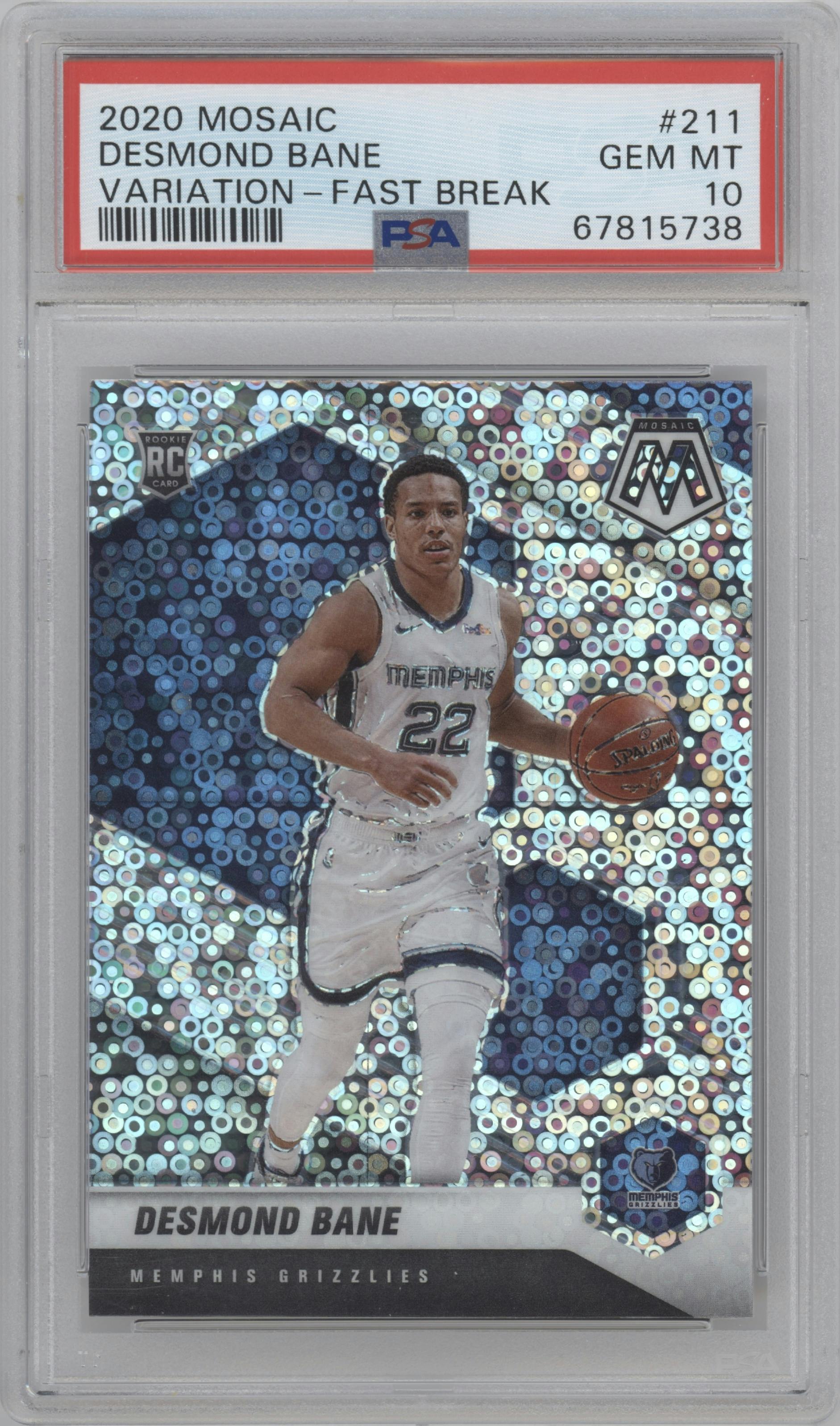 Desmond Bane from the 2020-21 Panini Mosaic set featuring a Fastbreak parallel graded by PSA and given an overall grade of 10.