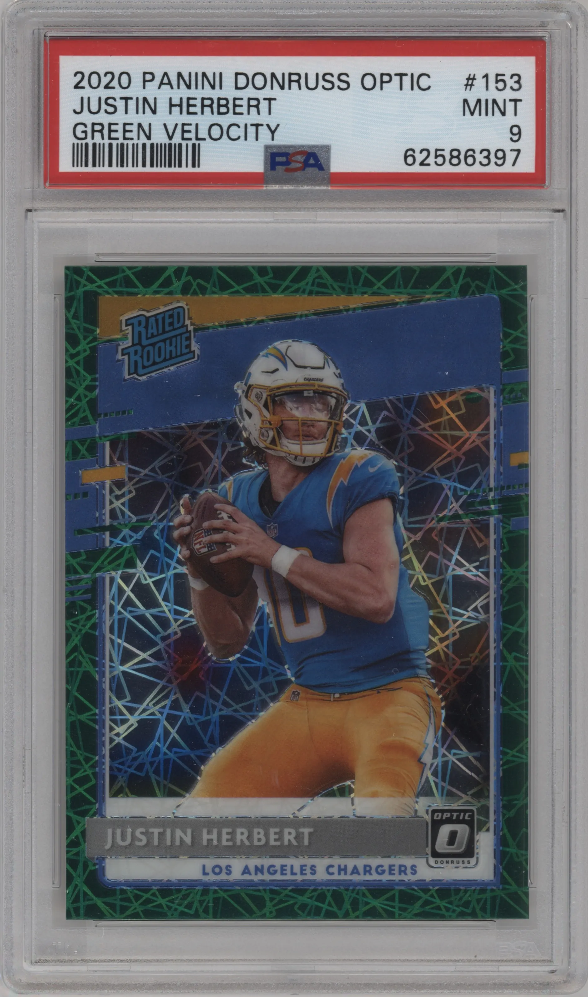 2020 Panini Donruss Optic Rated Rookie Justin Herbert Green Velocity #153 PSA 9