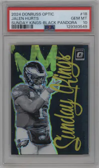 Jalen Hurts from the 2024 Donruss Optic set featuring a Black Pandora parallel graded by PSA and given an overall grade of 10.