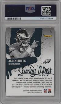 Jalen Hurts from the 2024 Donruss Optic set featuring a Black Pandora  parallel graded by PSA and given an overall grade of 10.