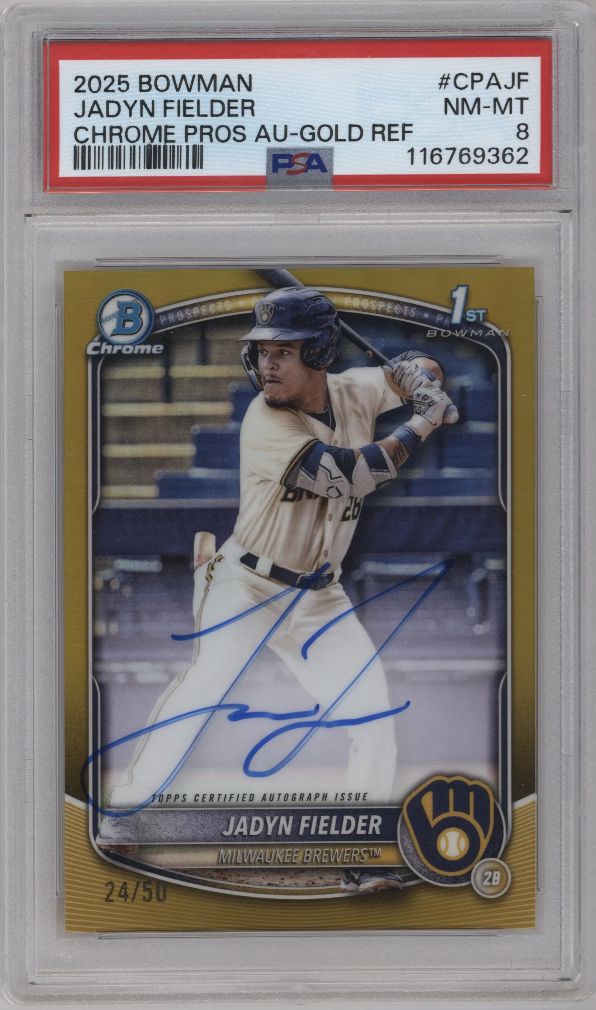 2025 Bowman Chr.Pros.Auto Jadyn Fielder Gold Refractor #CPA-JF PSA 8