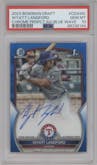Wyatt Langford from the 2023 Bowman Draft set featuring a Blue Wave Refractor parallel graded by PSA and given an overall grade of 10.