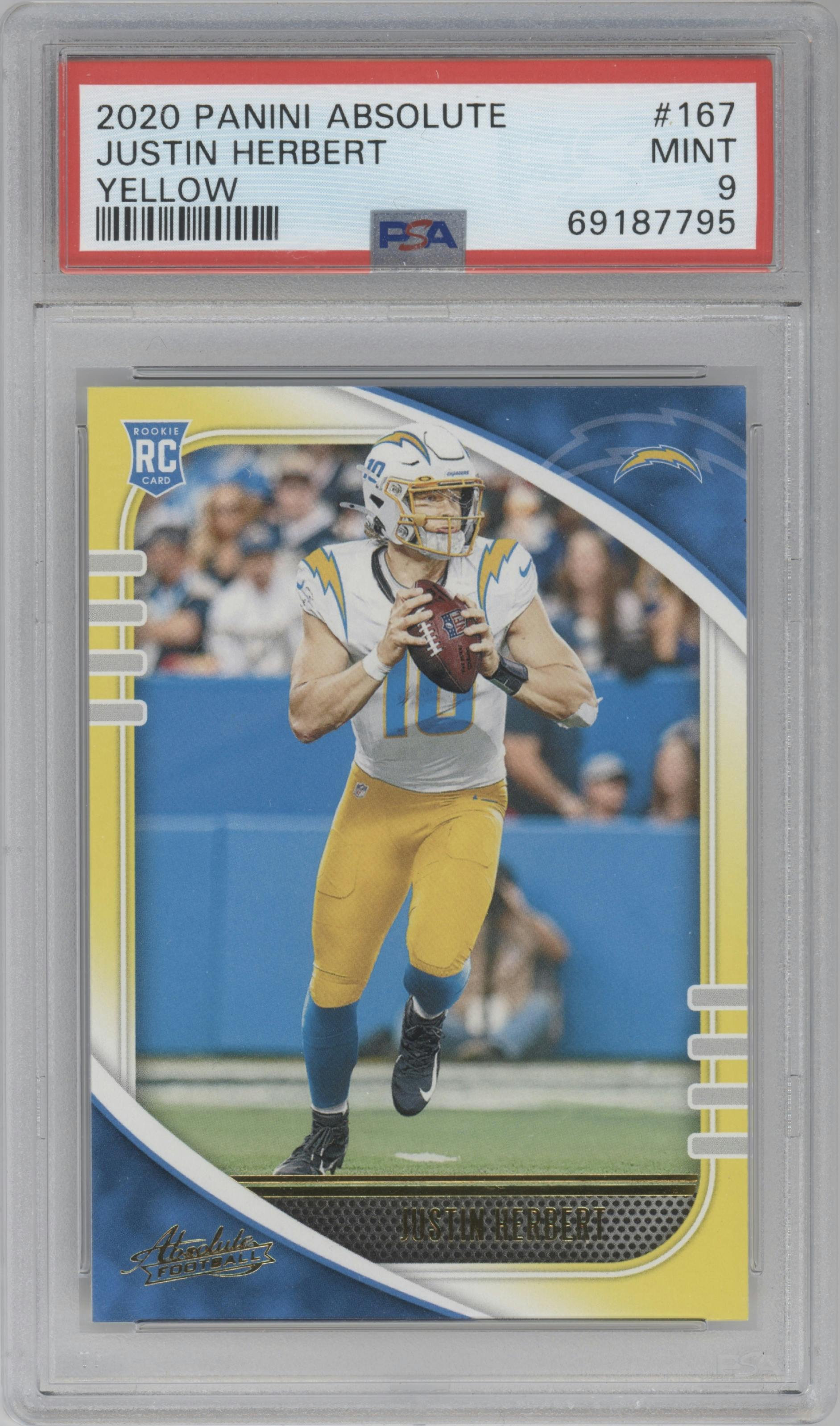 Justin Herbert  from the 2020 Panini Absolute set featuring a Yellow parallel graded by PSA and given an overall grade of 9.